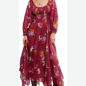 Free People Morning Glory Hankerchief Hem Burgundy Floral Long Sleeve Dress Med